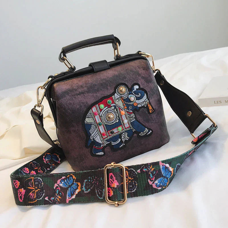 Luxury Vintage Embroidery Elephant Wide Butterfly Strap Women's Handbags