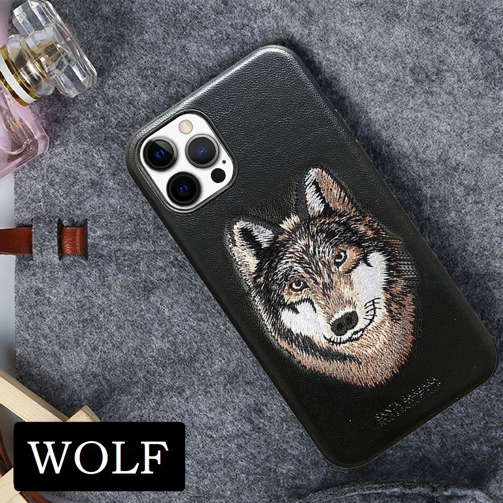 Santa Barbara Savana Series Wolf Emboidery Genuine Leather Case For iPhone 13 Pro Max - planetcartonline