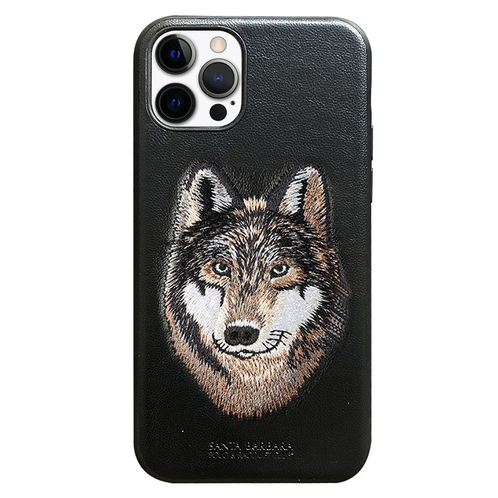 Santa Barbara Savana Series Wolf Emboidery Genuine Leather Case For iPhone 13 Pro Max - planetcartonline