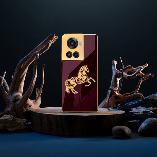 Luxury Horse Pattern Glass Back Case With Golden Edges For Oneplus 10R