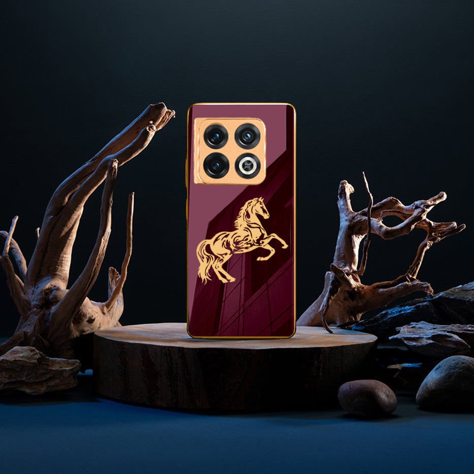 Luxury Horse Pattern Glass Back Case With Golden Edges For Oneplus 10 Pro