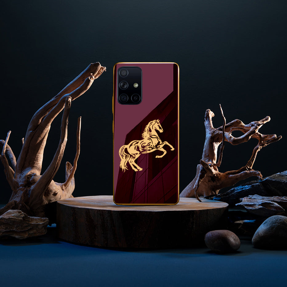 Luxury Horse Pattern Glass Back Case With Golden Edges For Samsung A71
