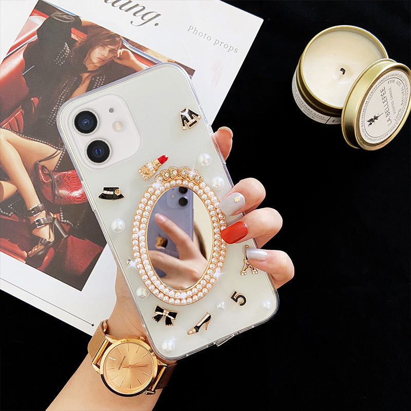 Luxury Transparent 3D Pearl Bow Plating Makeup Mirror Girlish Phone Case for Apple iPhone
