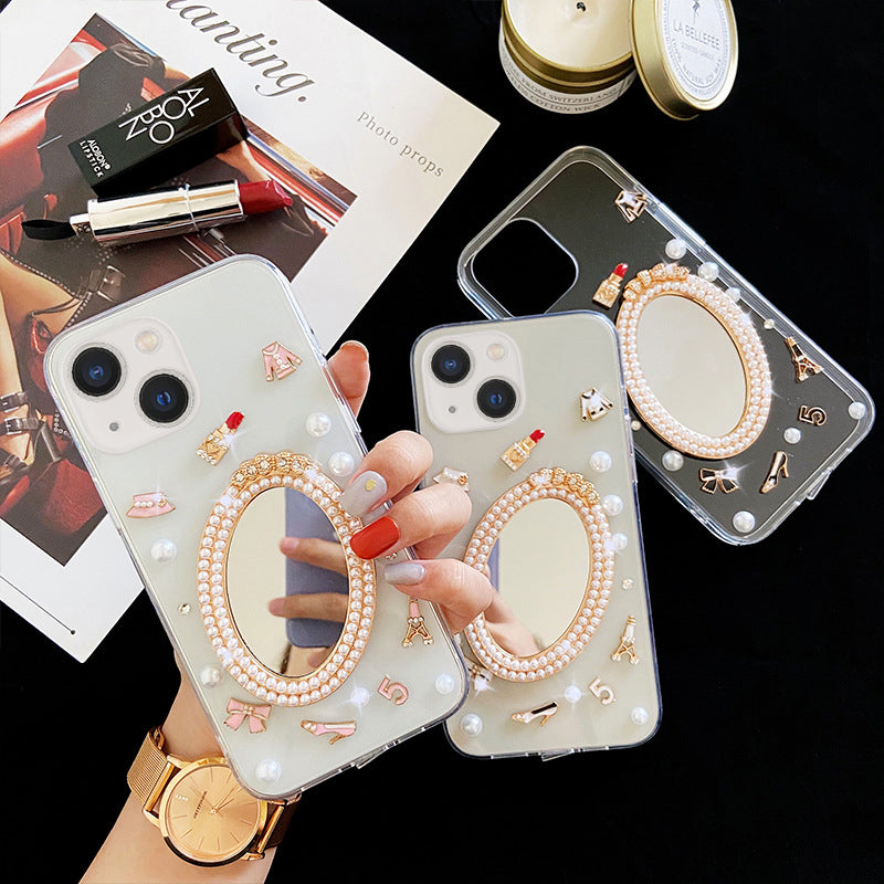 Luxury Transparent 3D Pearl Bow Plating Makeup Mirror Girlish Phone Case for Apple iPhone 13