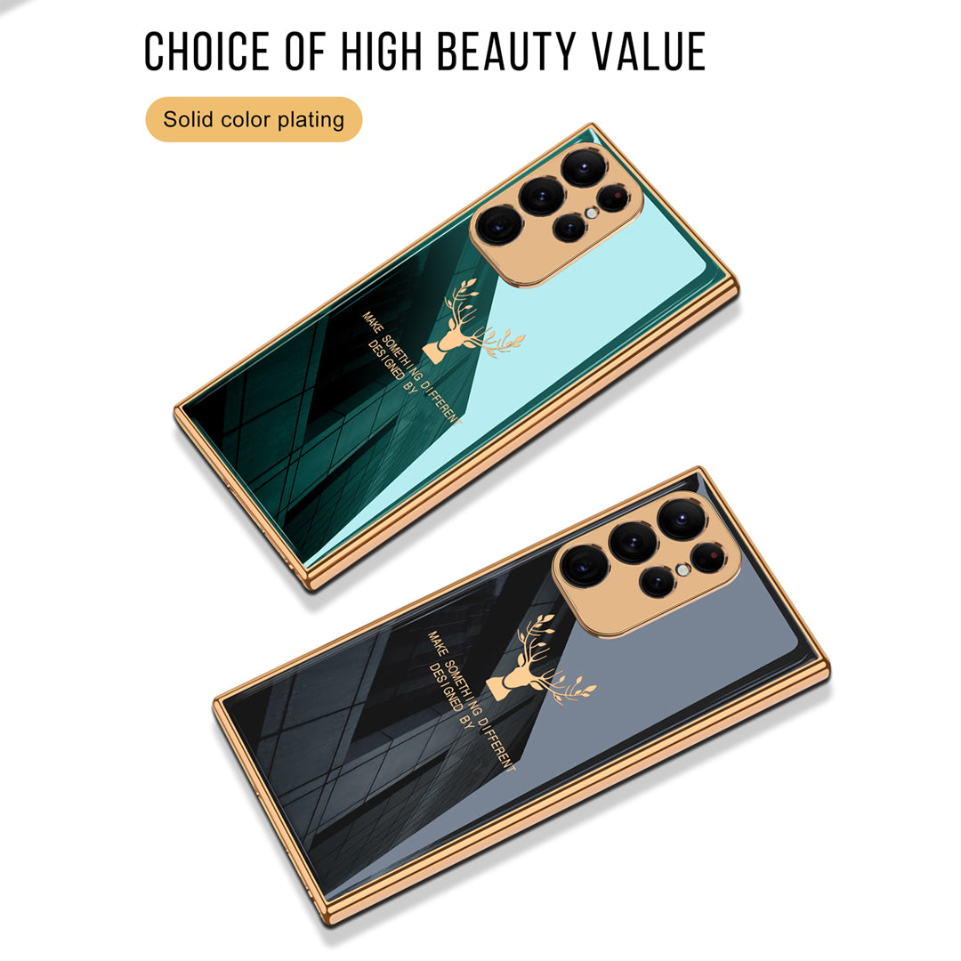 Premium Luxury Deer Pattern Electroplated Glass Back Case With Golden Edges For Samsung Galaxy S22 Ultra