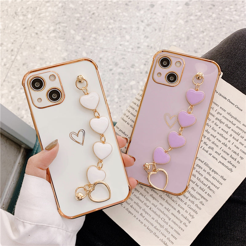 Luxurious Electroplated Soft Silicone Heart Bracelet Back Case For iPhone 13