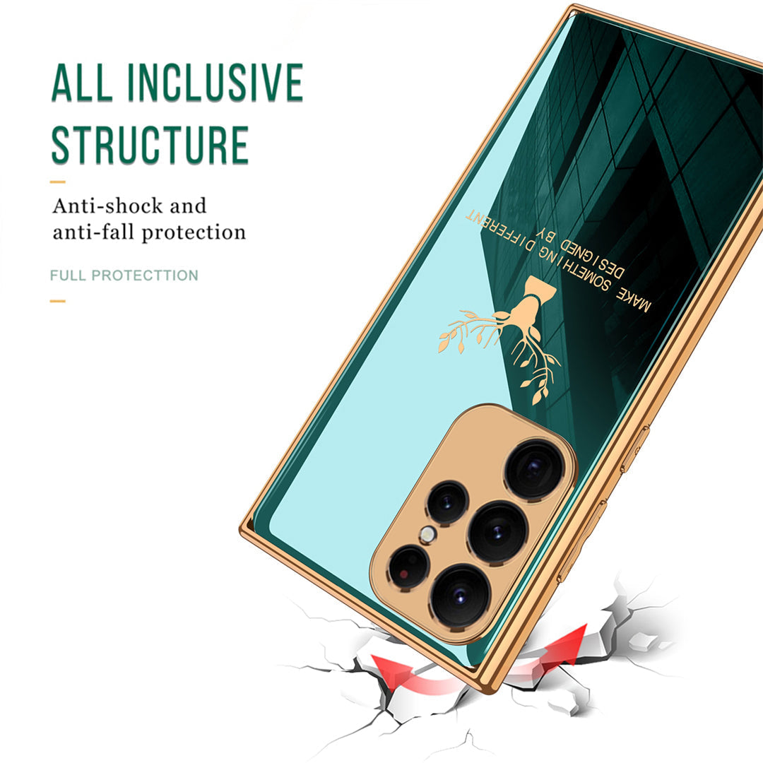 Premium Luxury Deer Pattern Electroplated Glass Back Case With Golden Edges For Samsung Galaxy S22 Ultra