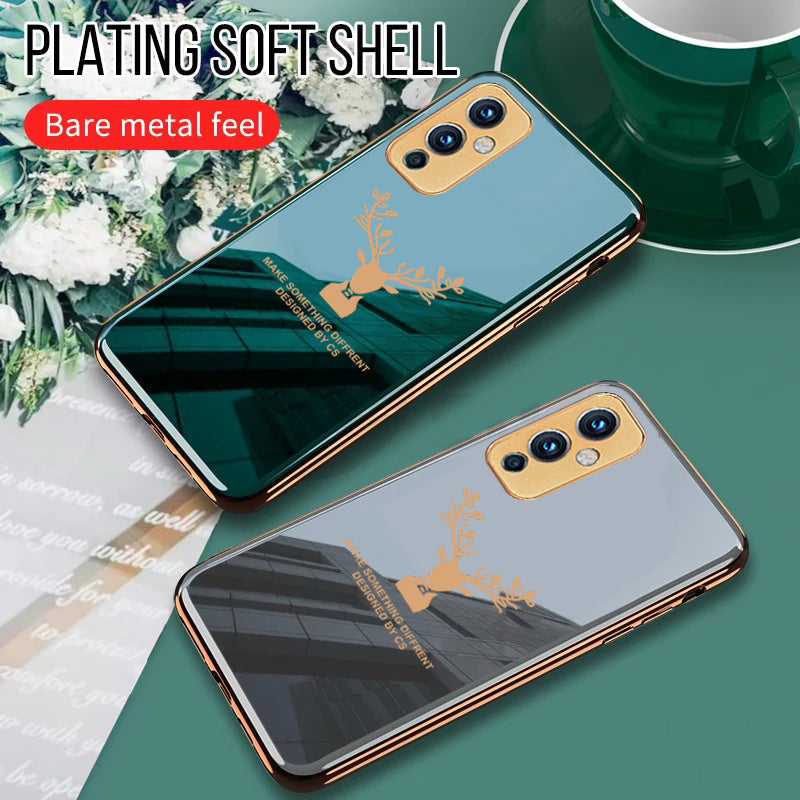 Premium Golden Edges Deer Glass Back Case For Oneplus 9 - Premium Cases