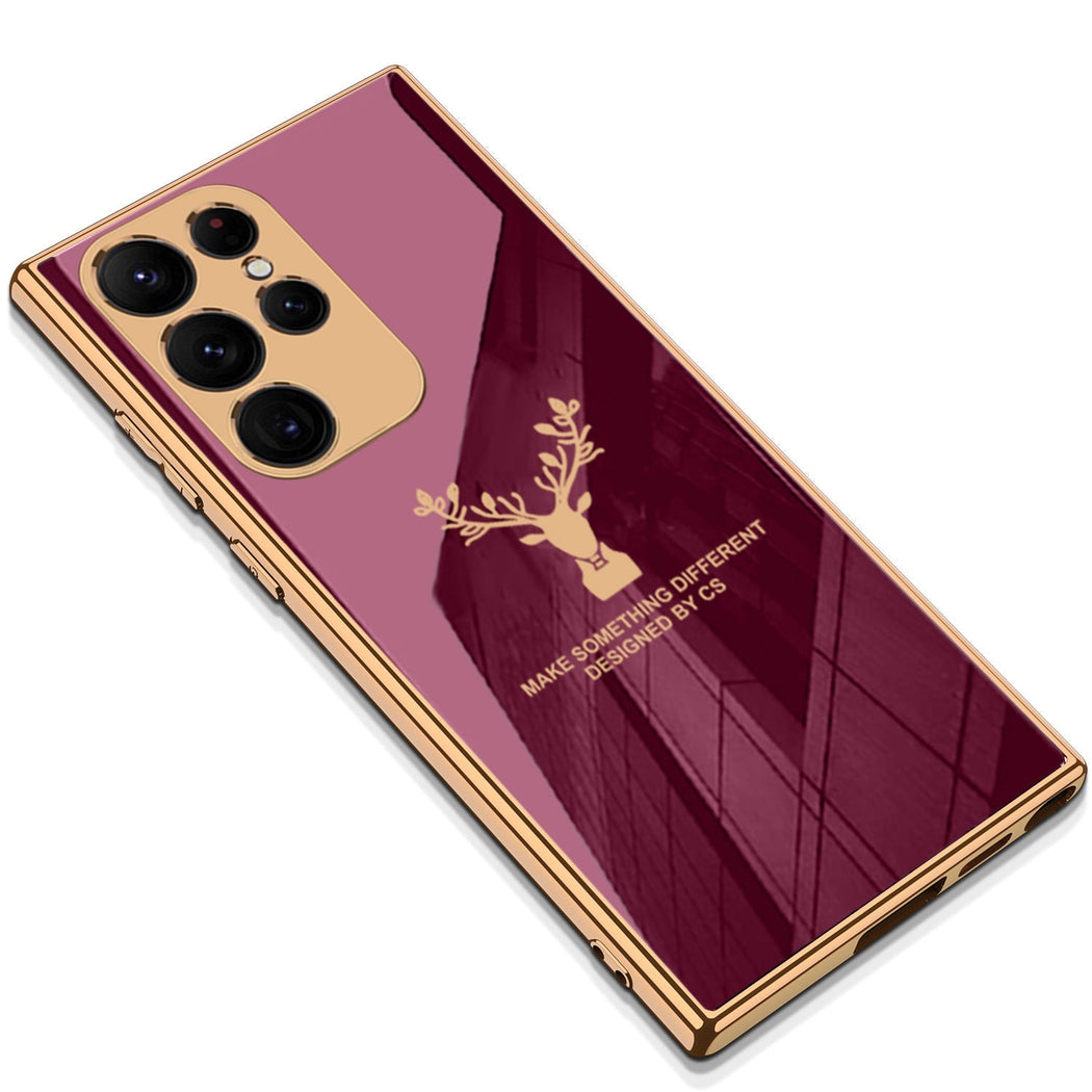 Premium Luxury Deer Pattern Electroplated Glass Back Case With Golden Edges For Samsung Galaxy S22 Ultra