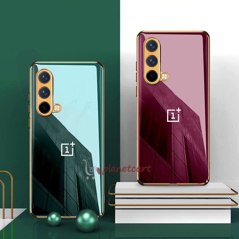 Luxury Glossy Gold Edge Glass Back Case For Oneplus Nord Ce