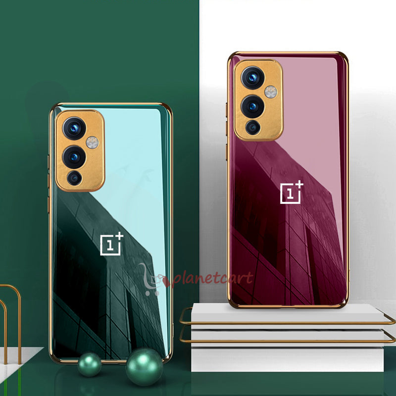 Premium Glossy Gold Edge Glass Back Case For Oneplus 9