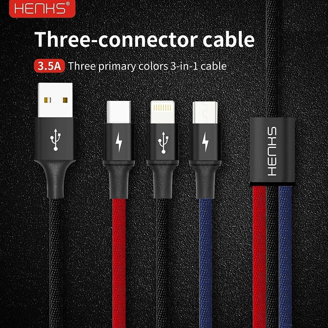 Henks Multi USB 3 in 1 3.5A Charging Nylon Data Cable Supports All Smartphone Devices - Planetcart