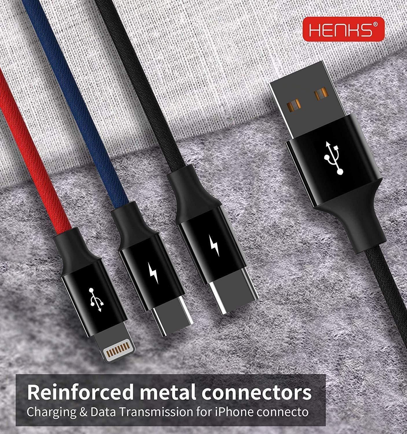 Henks Multi USB 3 in 1 3.5A Charging Nylon Data Cable Supports All Smartphone Devices - Planetcart